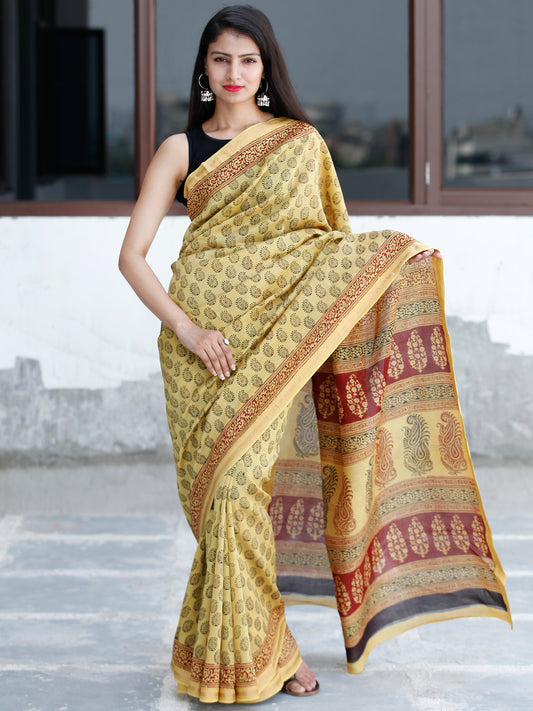 Yellow Maroon Black Bagh Hand Block Printed Maheswari Silk Saree With Resham Border - S031703836
