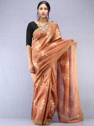 Light Brown Ivory Chanderi Hand Block Printed Saree With Geecha Border - S031704489