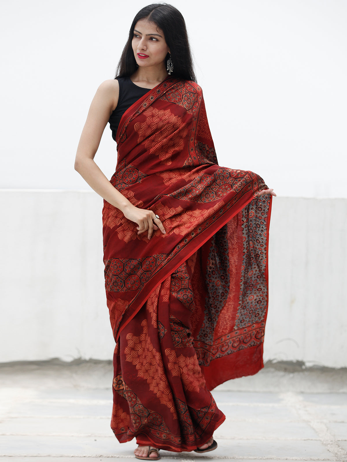 Red Black Indigo Beige Ajrakh Hand Block Printed Modal Silk Saree in Natural Colors - S031703703