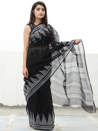 Black Grey Hand Block Printed Kota Doria Saree  - S031704077