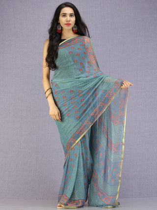 Steel Blue Coral Green Hand Block Printed Chiffon Saree with Zari Border - S031704593