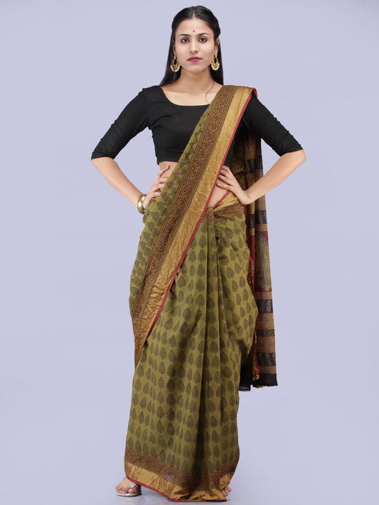 Olive Green Black Bagh Printed Maheshwari Cotton Saree - S031704241