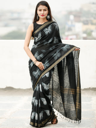 Black White Shibori Hand Block Printed Handwoven Linen Saree With Zari Border - S031704036