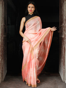 Peach White Shibori Chanderi Silk Hand Block Printed Saree With Geecha Border - S031703990