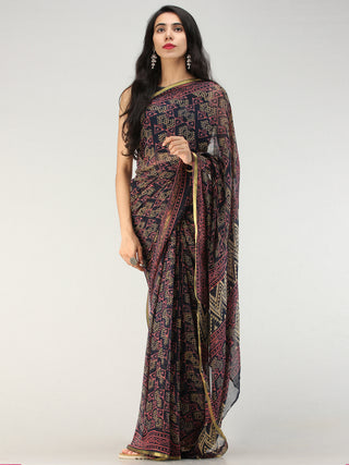 Navy Onion Pink Hand Block Printed Chiffon Saree with Zari Border - S031704562