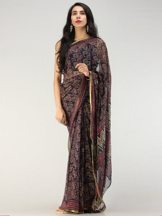 Navy Onion Pink Hand Block Printed Chiffon Saree with Zari Border - S031704562