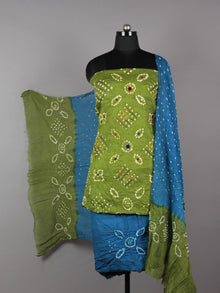 Green Teal Blue White Hand Tie & Dye Bandhej Suit Salwar Dupatta (Set of 3) With Hand Embroidery & Mirror Work - S16281249