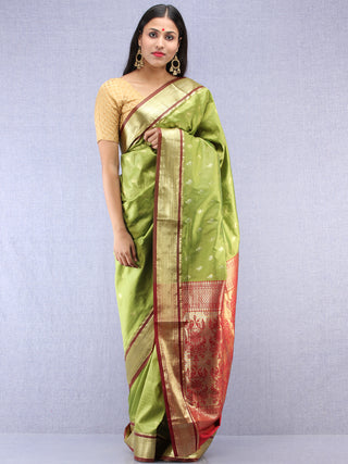 Banarasee Art Silk Saree With Zari Work- Light Green Gold & Maroon - S031704410