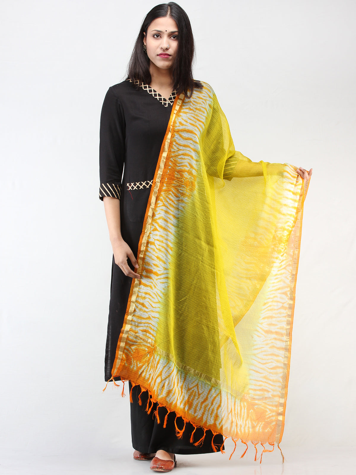 Kota Doria Tie & Die Dupatta  With Zari Border - Yellow & Orange - D04170902