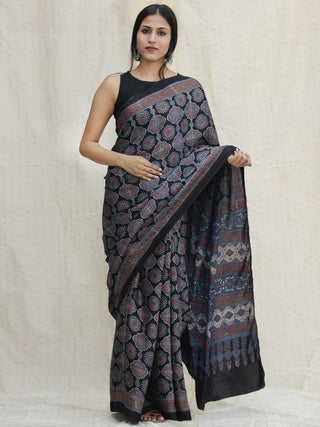 Black Indigo Red Ajrakh Hand Block Printed Modal Silk Saree - S031704124