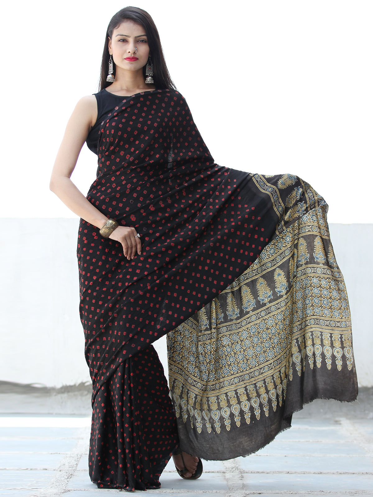 Black Red Indigo Bandhej Modal Silk Saree With Ajrakh Printed Pallu & Blouse - S031703881