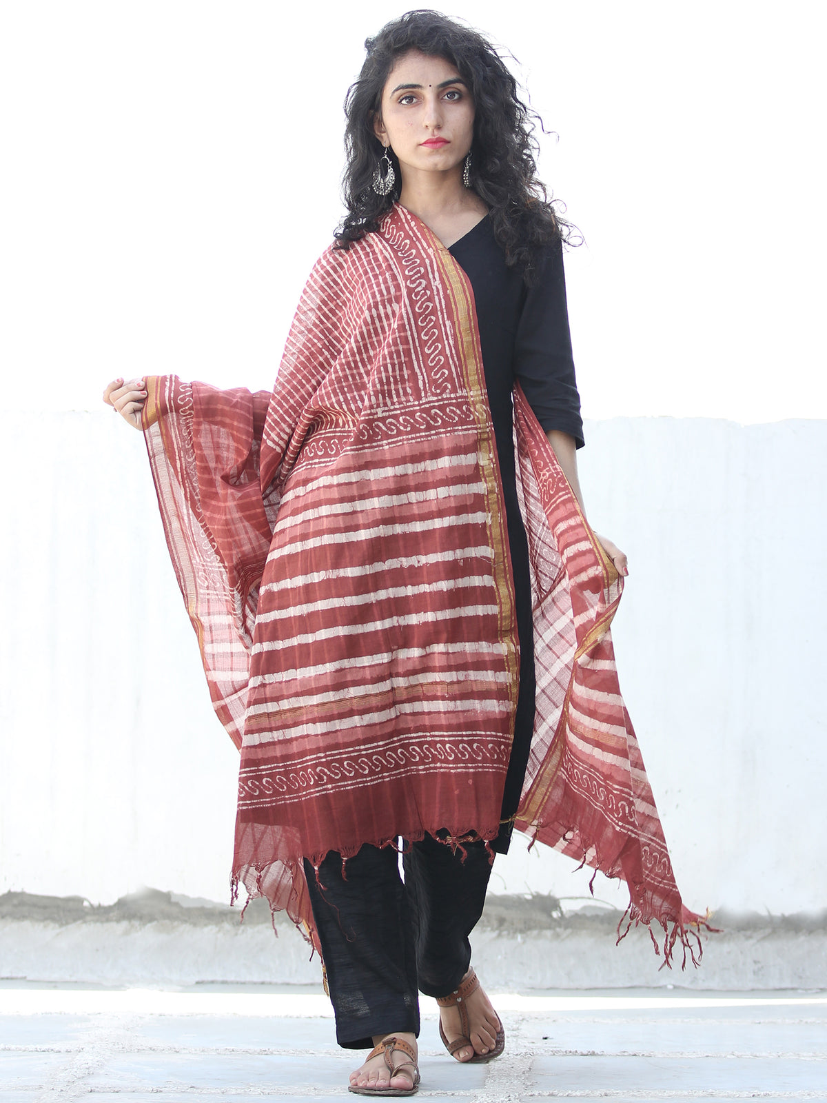 Rosewood Pink Chanderi Hand Block Printed Dupatta - D04170456