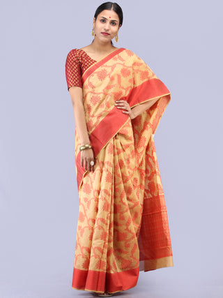 Banarasee Chanderi Saree With Resham Border & Butta - Beige & Red - S031704298