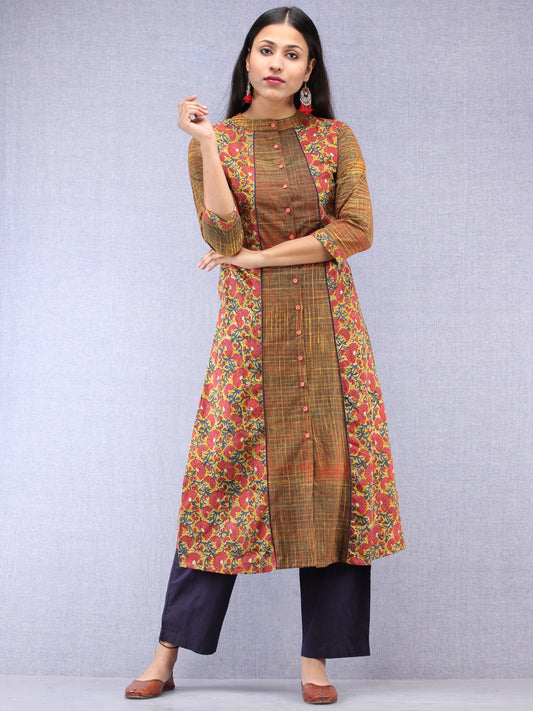 Mustard Pink Indigo Hand Block Printed Kurta With Round Collar  - K199F1373
