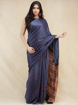 Indigo Pink Rust Bandhej Modal Silk Saree With Ajrakh Printed Pallu & Blouse - s031704140