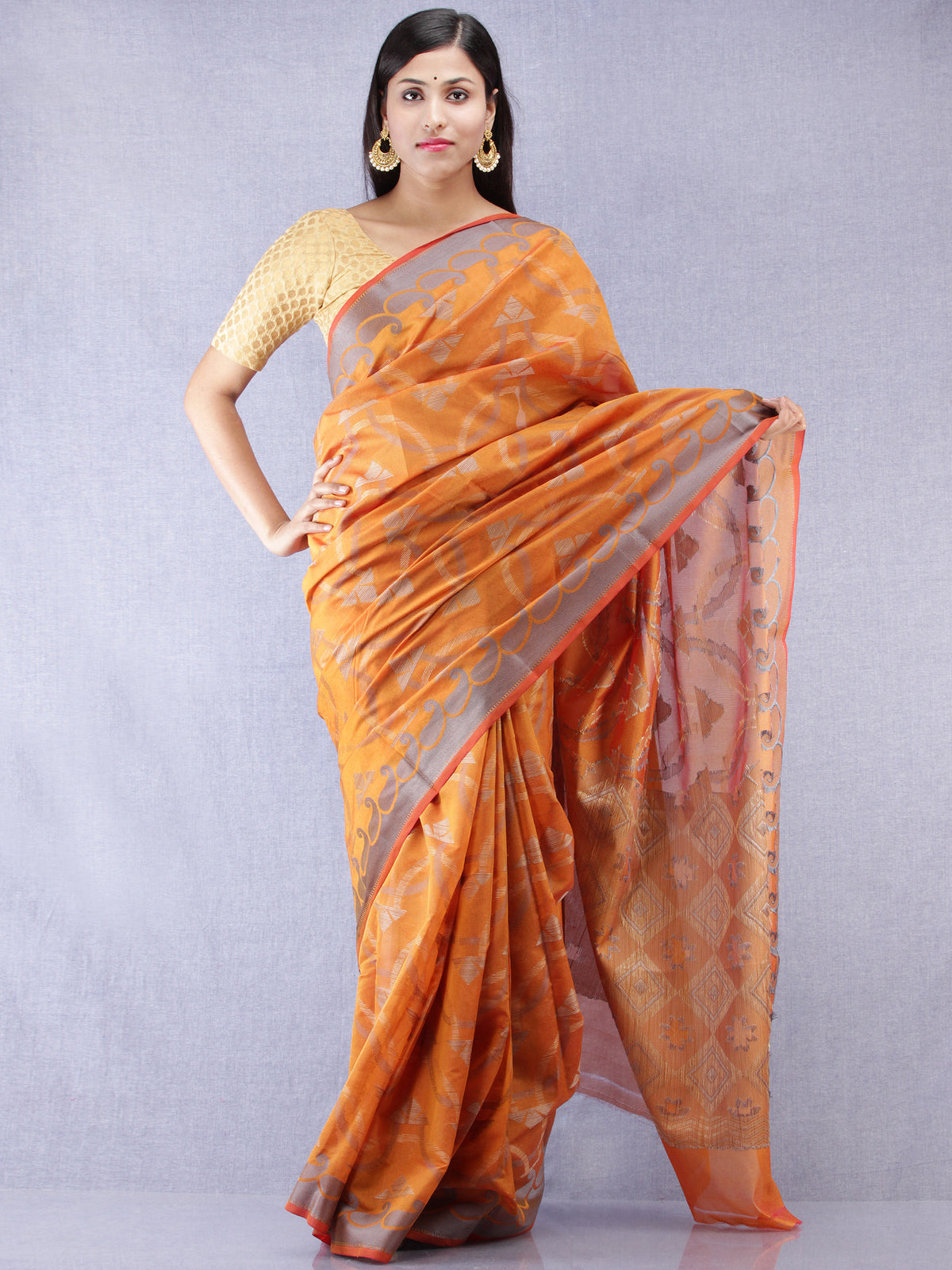 Banarasee Chanderi Silk Saree With Resham Work - Ginger Orange & Grey  - S031704317