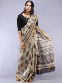 Ivory Black Hand Block Printed Chanderi Saree With Geecha Border - S031704518