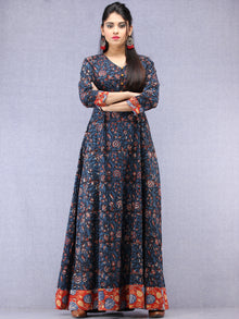 Nazmin - Hand Block Printed Long Cotton Dress With Back Knots  - D162F1301