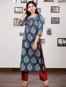 Indigo Green Red Ajrakh Hand Block Printed Kurta in Natural Colors - K121F846