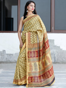 Yellow Maroon Black Bagh Hand Block Printed Maheswari Silk Saree With Resham Border - S031703836