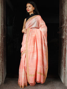 Peach White Shibori Chanderi Silk Hand Block Printed Saree With Geecha Border - S031703990