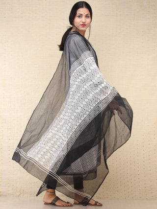 Black White Kota Doria Cotton Hand Block Printed Dupatta  - D04170696