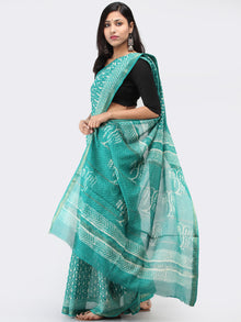 Teal Green White Maheshwari Silk Hand Block Printed Saree With Zari Border - S031704464