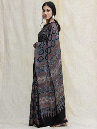 Black Indigo Red Ajrakh Hand Block Printed Modal Silk Saree - S031704124