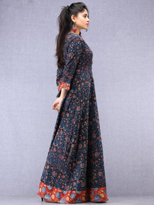 Nazmin - Hand Block Printed Long Cotton Dress With Back Knots  - D162F1301