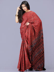 Crimson Red Indigo Black Ajrakh Hand Block Printed Modal Silk Saree - S031704228