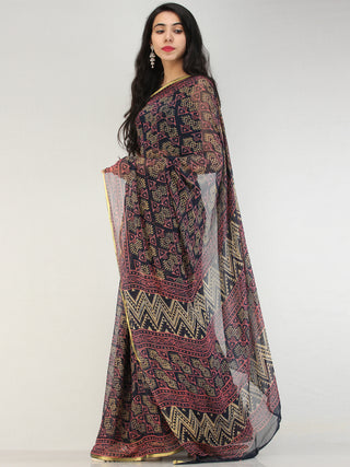 Navy Onion Pink Hand Block Printed Chiffon Saree with Zari Border - S031704562