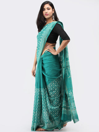 Teal Green White Maheshwari Silk Hand Block Printed Saree With Zari Border - S031704464