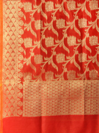 Banarasi Chanderi Dupatta With Zari Work - Orange & Gold - D04170800