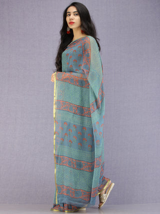 Steel Blue Coral Green Hand Block Printed Chiffon Saree with Zari Border - S031704593