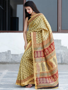 Yellow Maroon Black Bagh Hand Block Printed Maheswari Silk Saree With Resham Border - S031703836