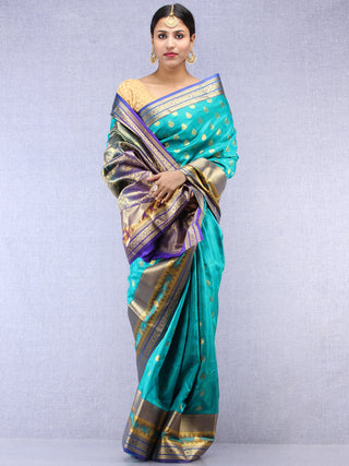 Banarasee Art Silk Saree With Resham Zari Weave - Sea Green Purple & Gold - S031704386