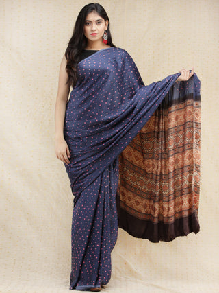 Indigo Pink Rust Bandhej Modal Silk Saree With Ajrakh Printed Pallu & Blouse - s031704140