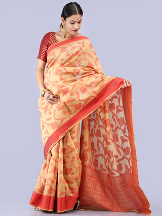 Banarasee Chanderi Saree With Resham Border & Butta - Beige & Red - S031704298