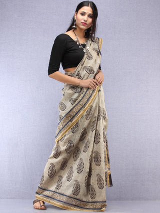 Ivory Black Hand Block Printed Chanderi Saree With Geecha Border - S031704518