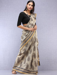 Ivory Black Hand Block Printed Chanderi Saree With Geecha Border - S031704518