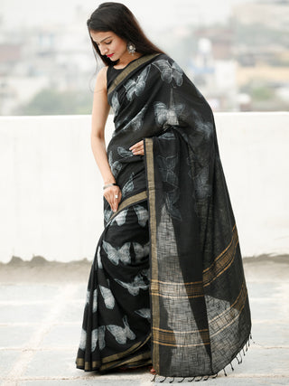 Black White Shibori Hand Block Printed Handwoven Linen Saree With Zari Border - S031704036