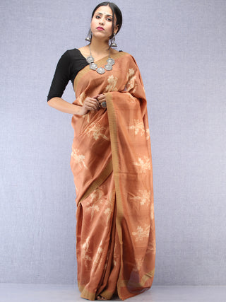 Light Brown Ivory Chanderi Hand Block Printed Saree With Geecha Border - S031704489
