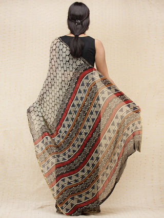 Beige Black Red Hand Block Printed Chiffon Saree with Zari Border - s031704160