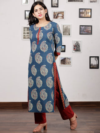 Indigo Green Red Ajrakh Hand Block Printed Kurta in Natural Colors - K121F846