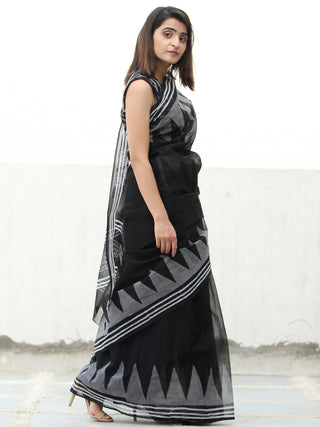 Black Grey Hand Block Printed Kota Doria Saree  - S031704077