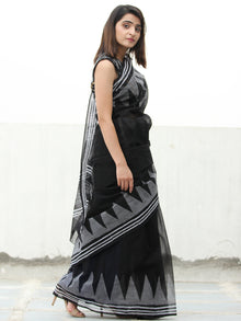 Black Grey Hand Block Printed Kota Doria Saree  - S031704077