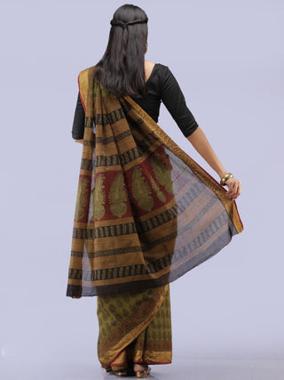Olive Green Black Bagh Printed Maheshwari Cotton Saree - S031704241