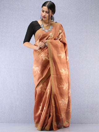 Light Brown Ivory Chanderi Hand Block Printed Saree With Geecha Border - S031704489