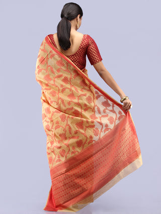 Banarasee Chanderi Saree With Resham Border & Butta - Beige & Red - S031704298