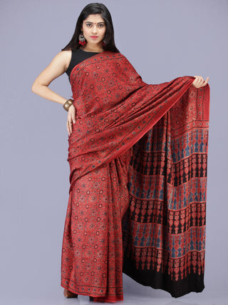 Crimson Red Indigo Black Ajrakh Hand Block Printed Modal Silk Saree - S031704228